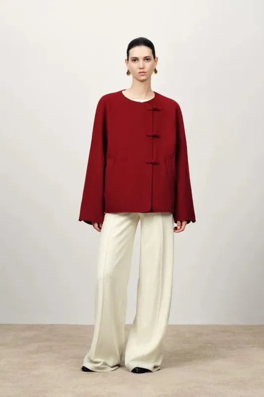 Peony New Mandarin Style Buttoned Short Wool Coat in Merino Wool sold by Fabrique