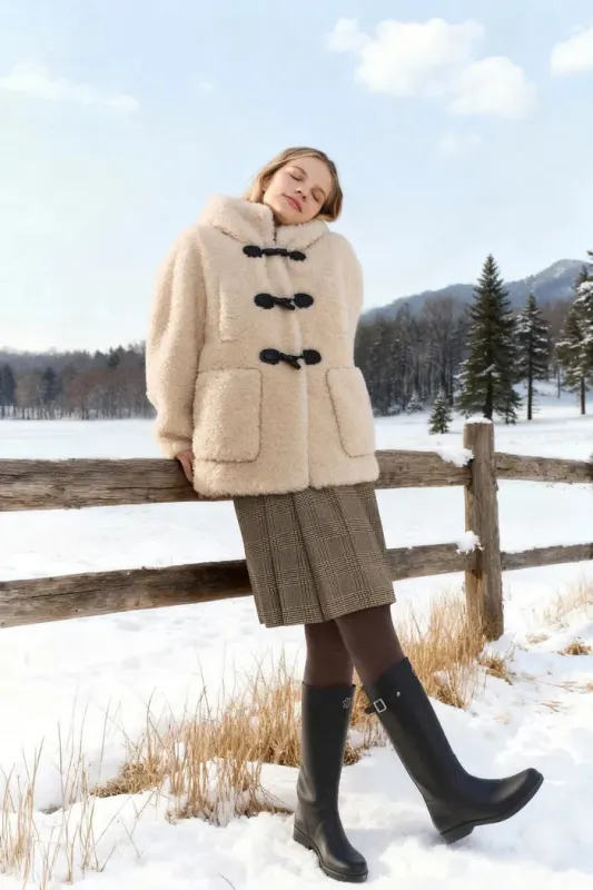Cora Horn Button Hooded Jacket in 100% Merino Teddy Shearling sold by Fabrique