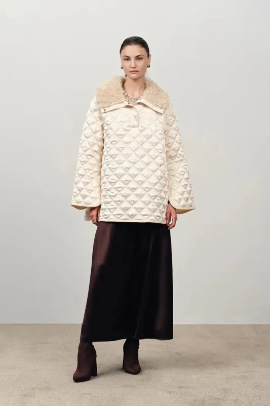 Jasmine Fur Collar Quilted Cape Coat in Silk Satin sold by Fabrique