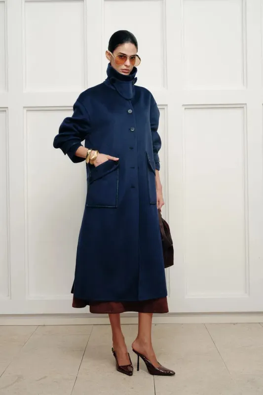 Theo Midnight Blu Trim Coat in Double Face Merino Cashmere sold by Fabrique