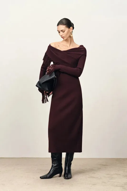 Oona One Shoulder Asymmetric Fringe Dress in Merino Wool with Stretch Knit sold by Fabrique