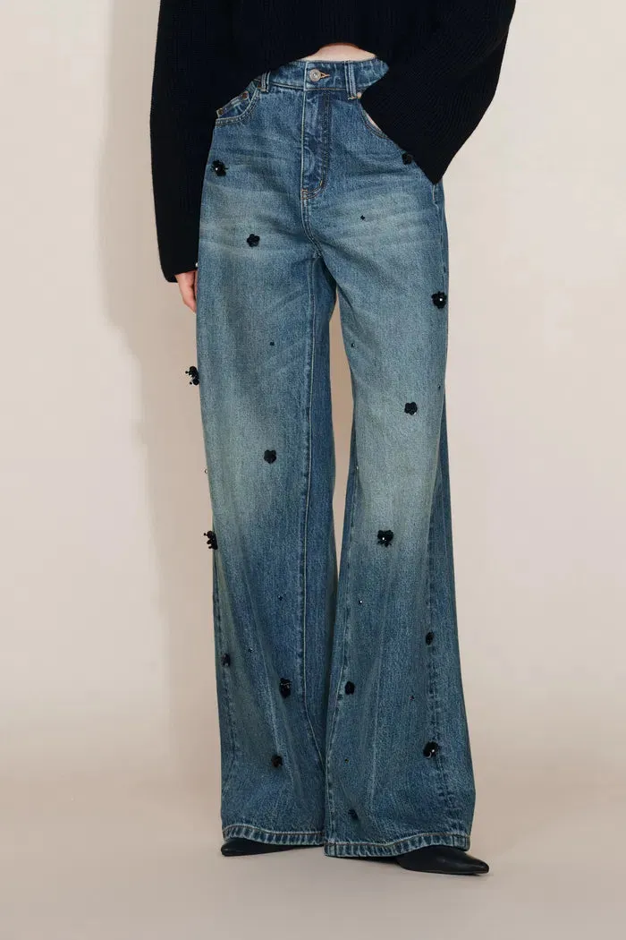 Imogen Hand Beaded Denim Trousers in Cotton Denim sold by Fabrique
