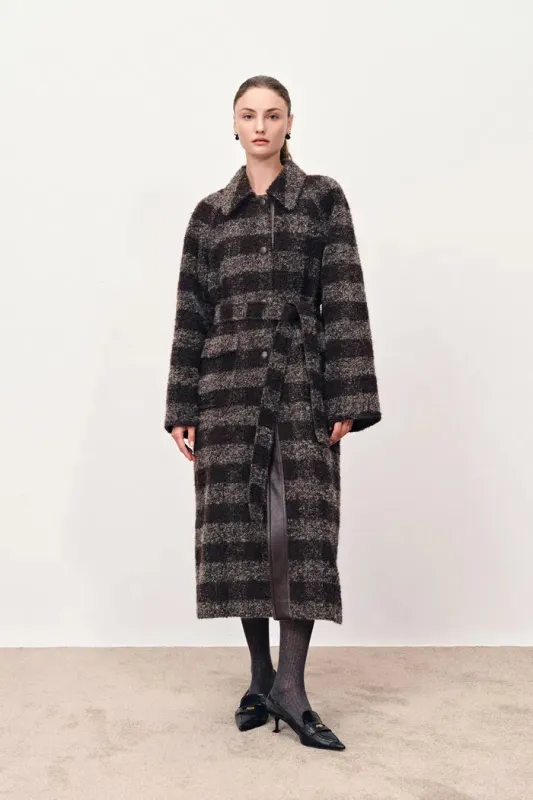Camila Leatehr Accent Checkered Coat in Bouclé Wool sold by Fabrique