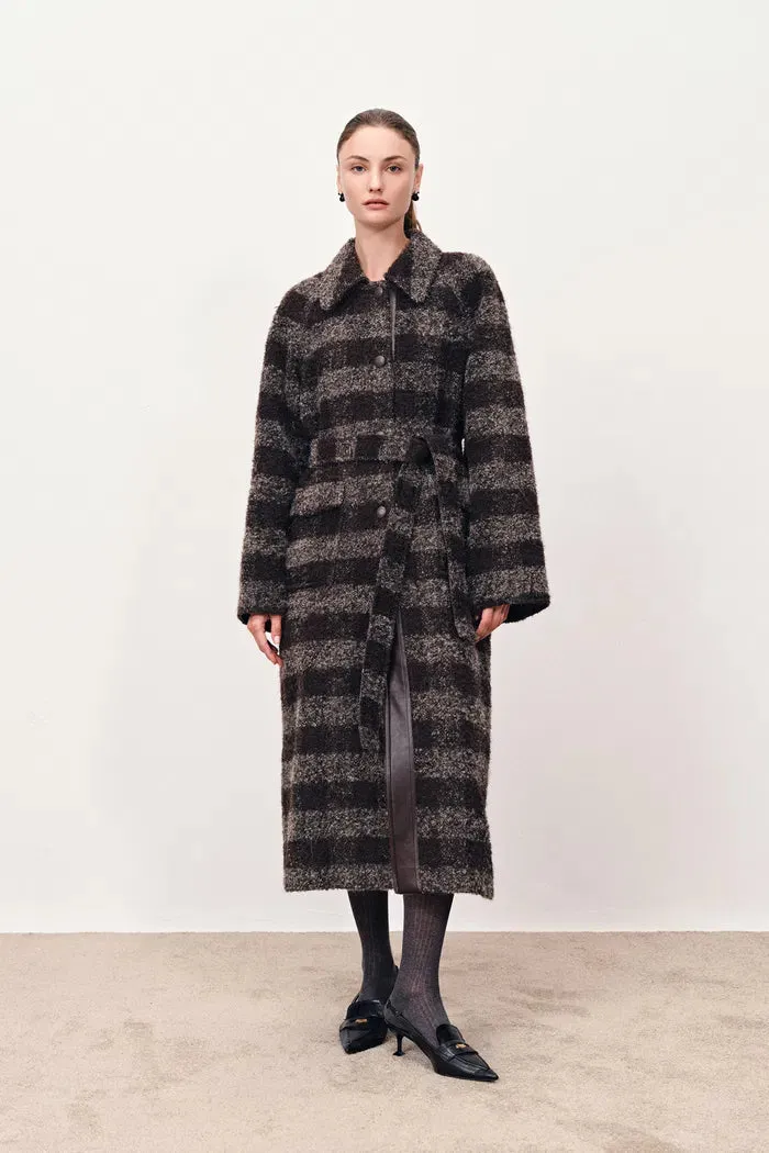 Camila Leatehr Accent Checkered Coat in Bouclé Wool sold by Fabrique