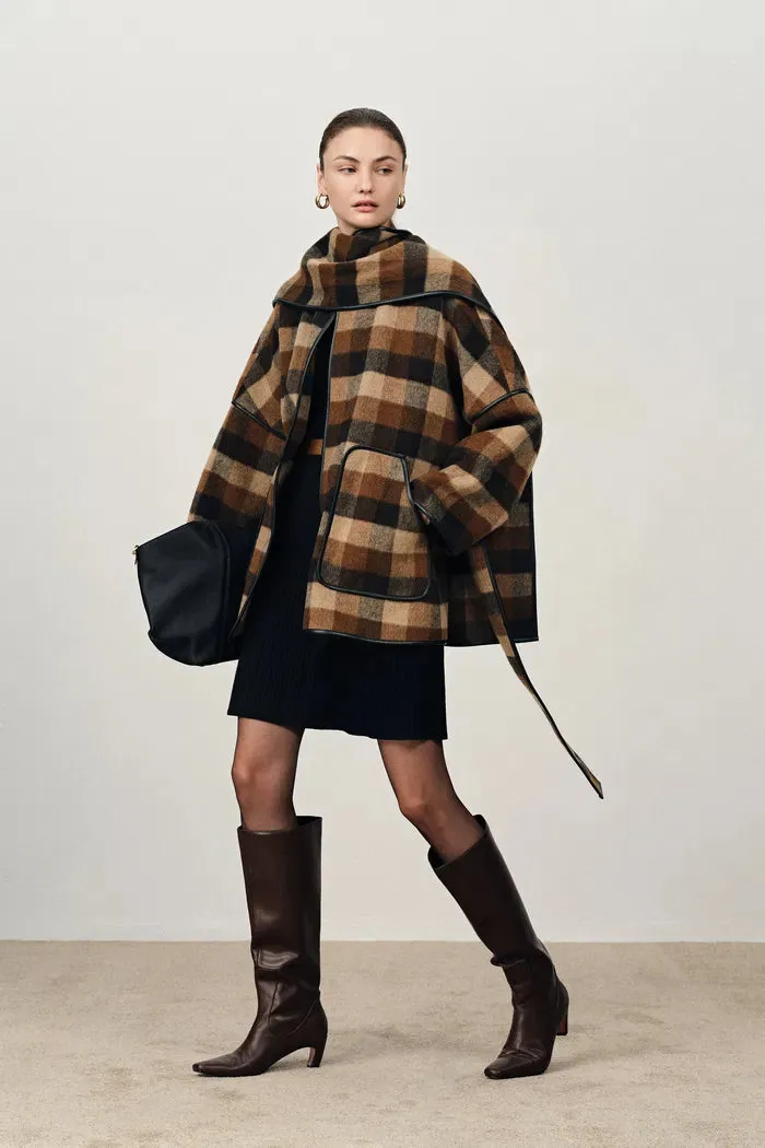 Lycoris Leather Trimmed Short Wool Coat in Merino Wool sold by Fabrique