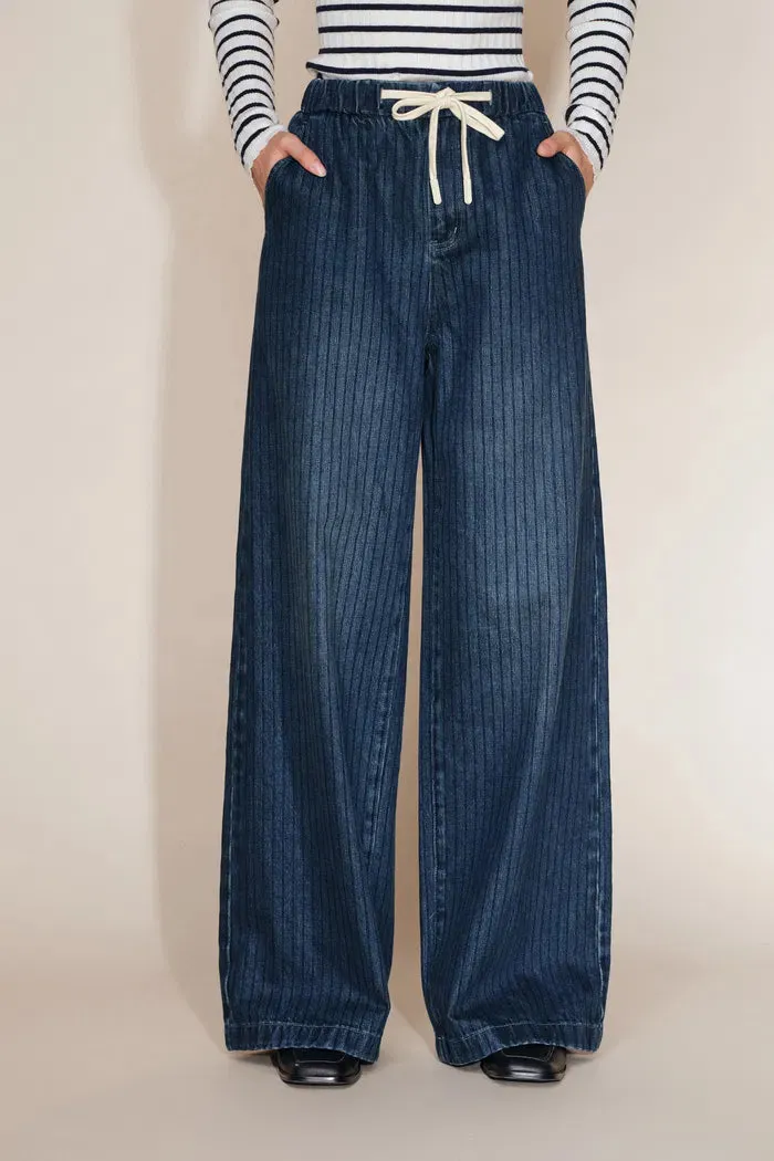 Olive Striped Drawstring Straight Leg Jeans in Striped Denim sold by Fabrique product image thumbnail 4