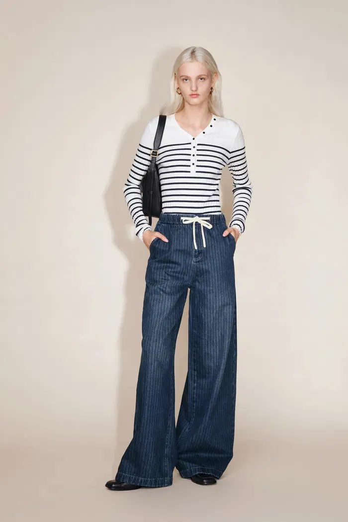 Olive Striped Drawstring Straight Leg Jeans in Striped Denim sold by Fabrique product image thumbnail 2