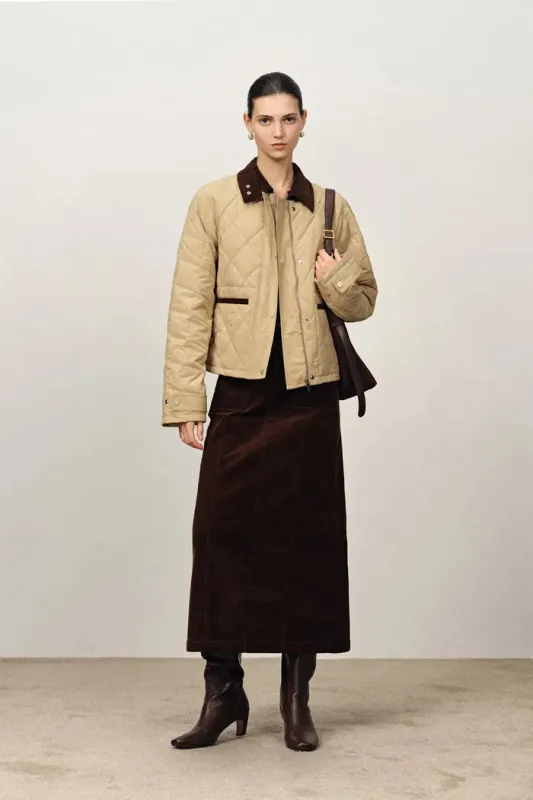 Skye Contrast Collar Cropped Quilted Down Jacket in Water-Resistant Cotton sold by Fabrique