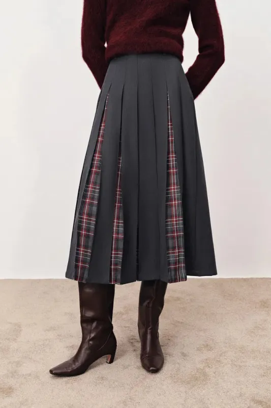 Henrie Pleated Check Maxi Skirt in Fine Wool Blend sold by Fabrique