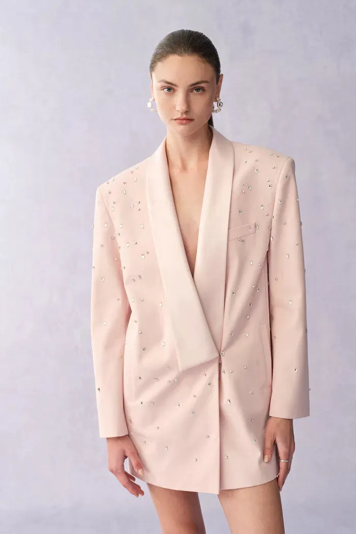 Lolanthe Hand Applied Rhinestones Wide Shoulder Blazer in Linen Style Suiting sold by Fabrique product image thumbnail 2