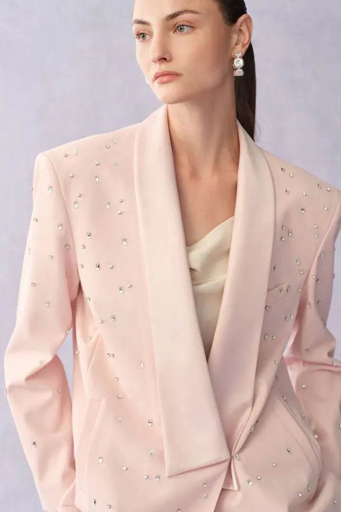 Lolanthe Hand Applied Rhinestones Wide Shoulder Blazer in Linen Style Suiting sold by Fabrique product image thumbnail 3