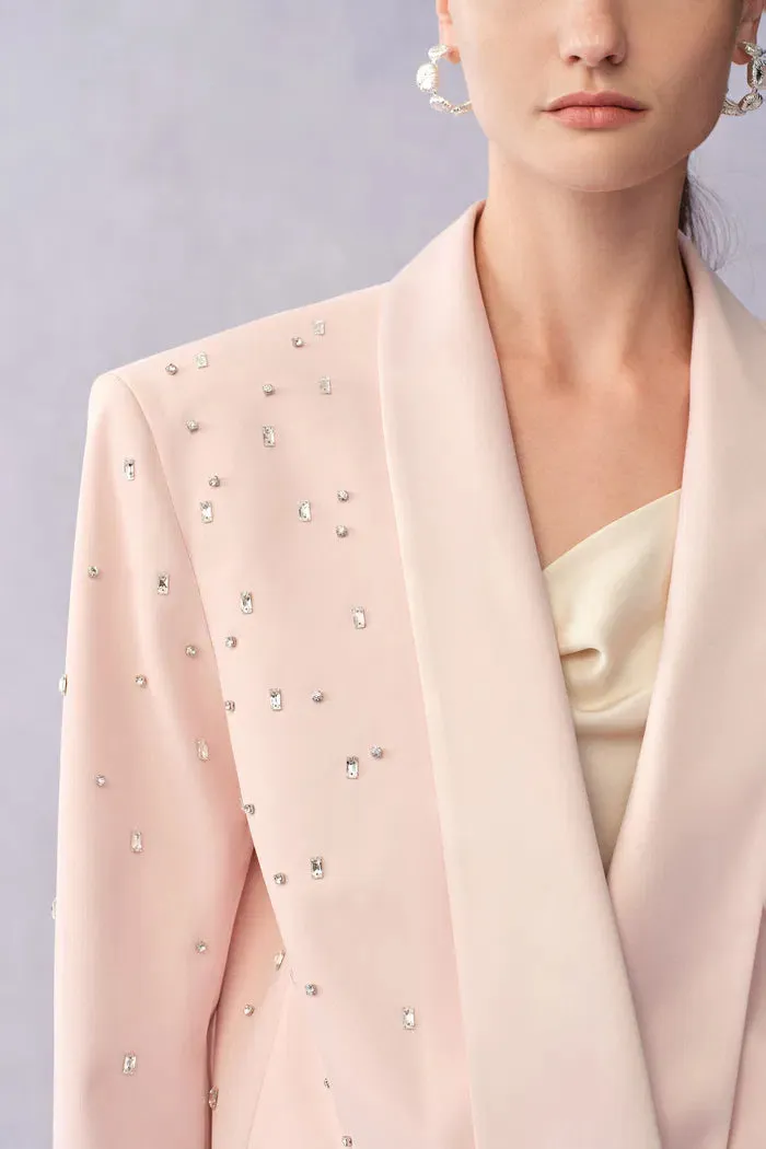 Lolanthe Hand Applied Rhinestones Wide Shoulder Blazer in Linen Style Suiting sold by Fabrique product image thumbnail 4