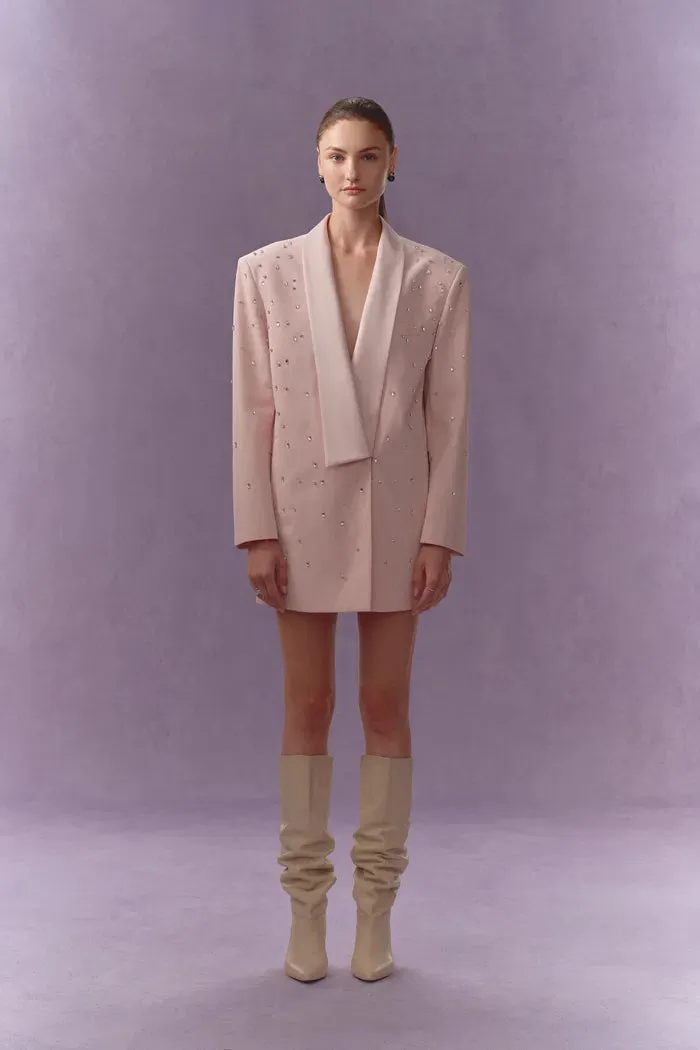 Lolanthe Hand Applied Rhinestones Wide Shoulder Blazer in Linen Style Suiting sold by Fabrique