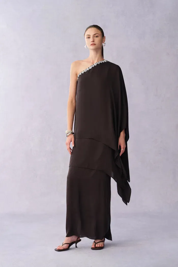 Avis One Shoulder Rhinestone Maxi Dress in Wrinkle Resistant Matte Satin sold by Fabrique product image thumbnail 3