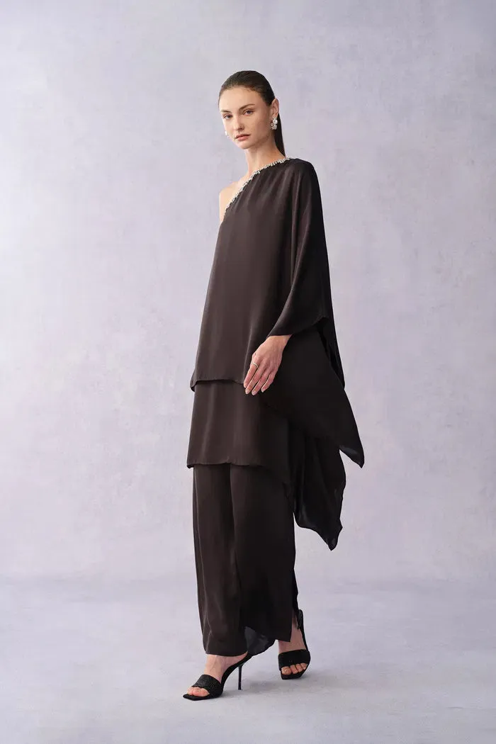 Avis One Shoulder Rhinestone Maxi Dress in Wrinkle Resistant Matte Satin sold by Fabrique product image thumbnail 4