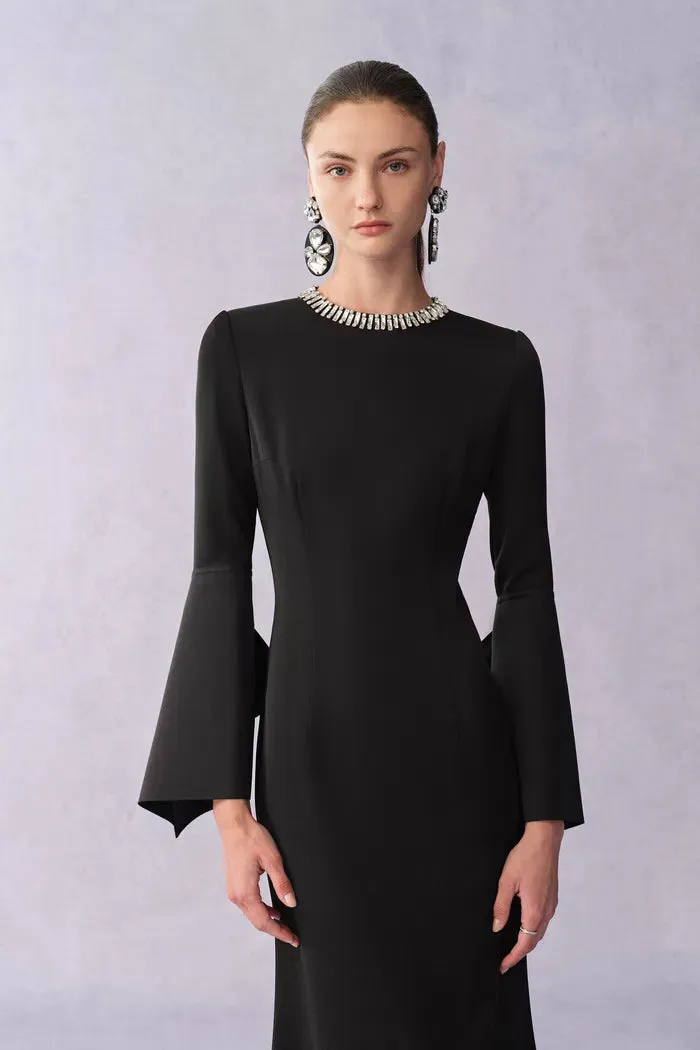 Nokta Hand Sewn Rhinestone Collar Maxi Dress in Linen Style Suiting sold by Fabrique product image thumbnail 4
