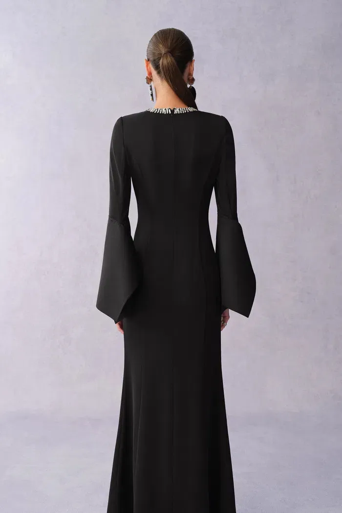 Nokta Hand Sewn Rhinestone Collar Maxi Dress in Linen Style Suiting sold by Fabrique product image thumbnail 2