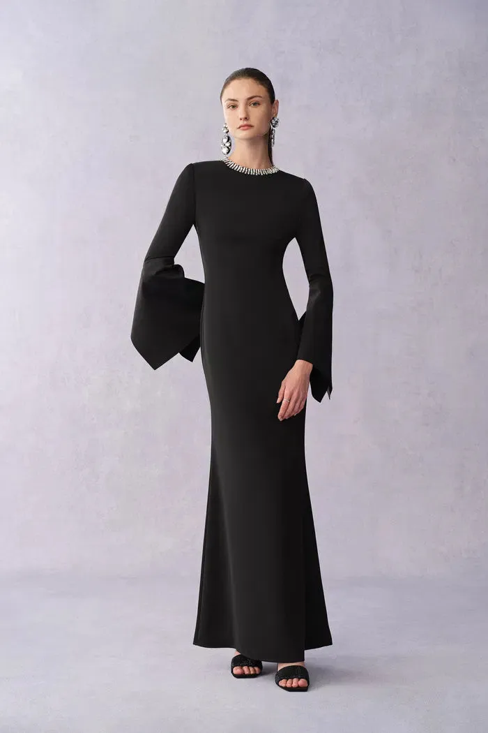 Nokta Hand Sewn Rhinestone Collar Maxi Dress in Linen Style Suiting sold by Fabrique product image thumbnail 3