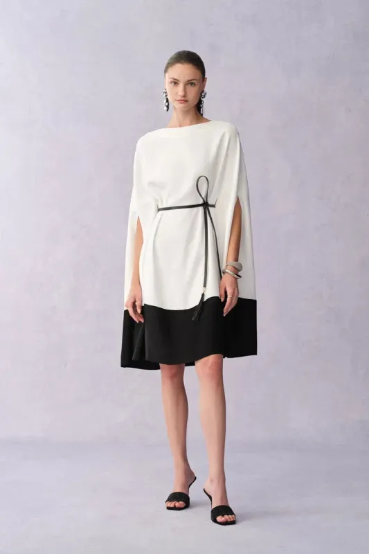 Carlton Wrinkle Resistant Cape Dress in Matte Satin-Linen Blend sold by Fabrique