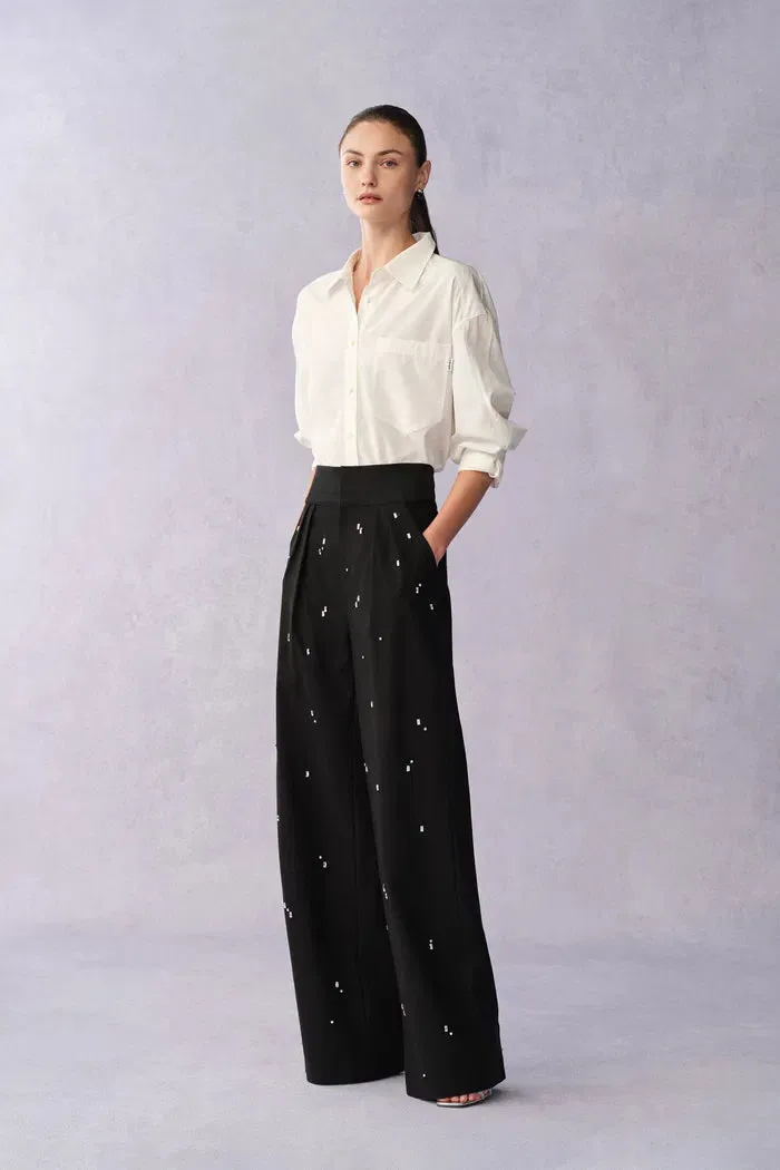 Lyra Hand Sewn Rhinestone Pleated Trousers in Fine Wool Suiting sold by Fabrique product image thumbnail 2