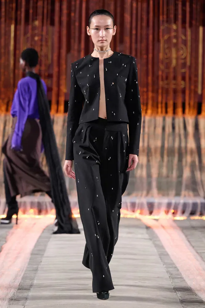 Lyra Hand Sewn Rhinestone Pleated Trousers in Fine Wool Suiting sold by Fabrique product image thumbnail 3