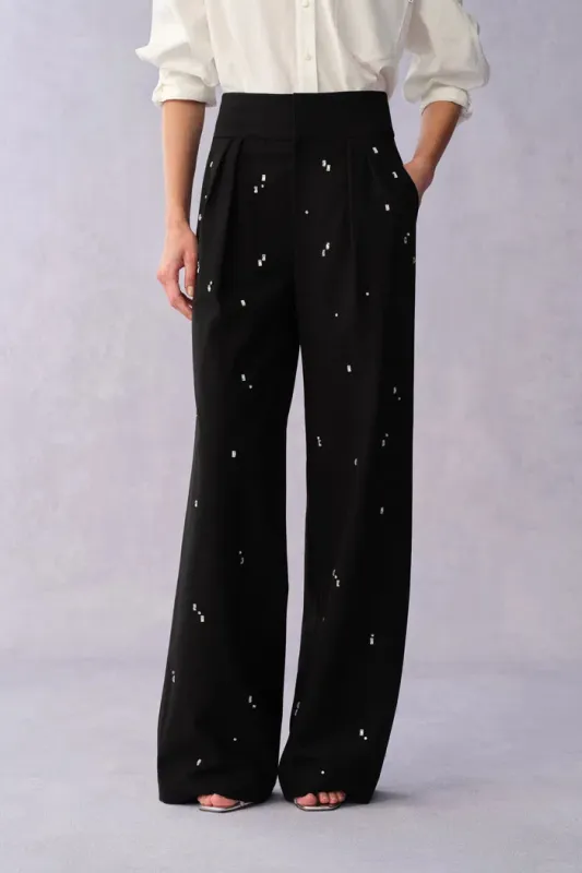 Lyra Hand Sewn Rhinestone Pleated Trousers in Fine Wool Suiting sold by Fabrique