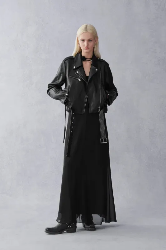 Olympe Slanted Placket Biker Jacket in Sheepskin Leather sold by Fabrique