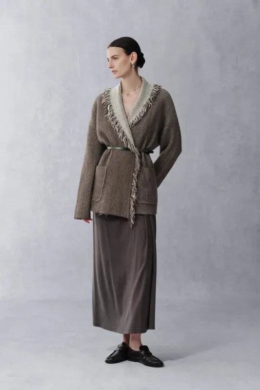Dora Fringed Two Tone Cardigan in Wool Alpaca Blend made by Fabrique