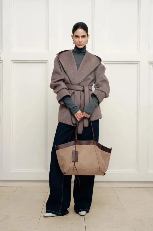 Mila Belted Leather Trimmed Oversized Hooded Pea Coat in Double Face Merino Camel sold by Fabrique