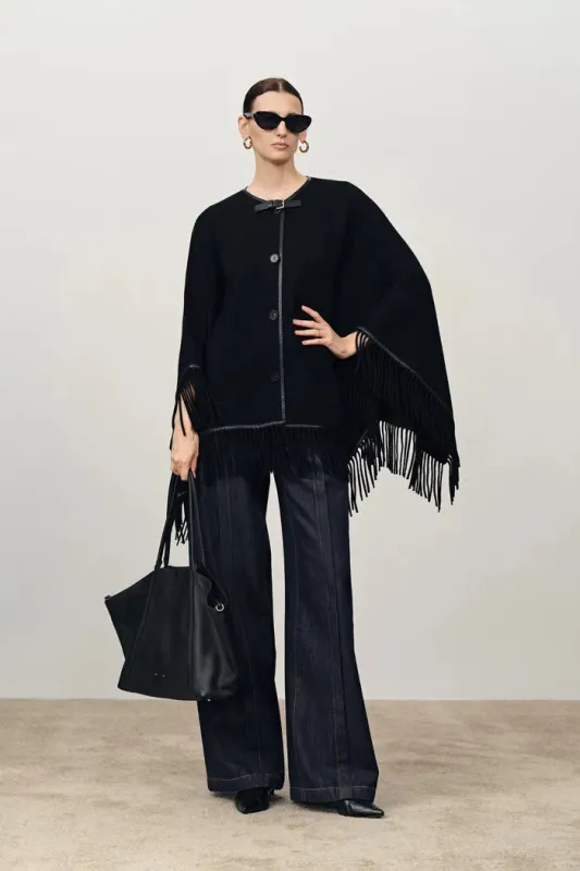 Luna Contrast Leather Fringe Poncho in Merino Cashmere Knit sold by Fabrique
