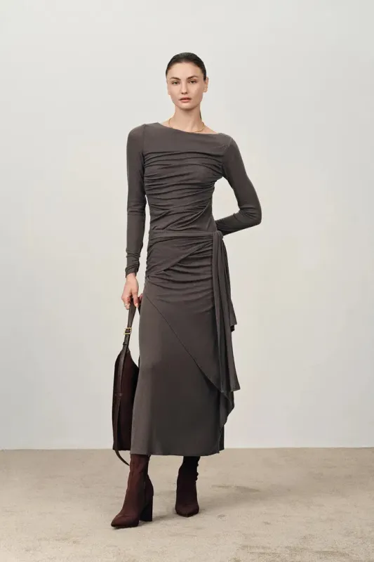 Viet Runched Pleated Long Sleeve Maxi Dress in Tencel Merino Knit sold by Fabrique