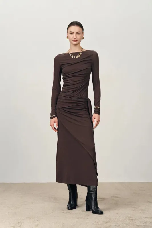 Viet Runched Pleated Long Sleeve Maxi Dress in Tencel Merino Knit made by Fabrique