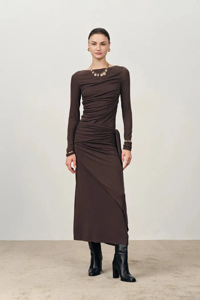 Viet Runched Pleated Long Sleeve Maxi Dress in Tencel Merino Knit sold by Fabrique