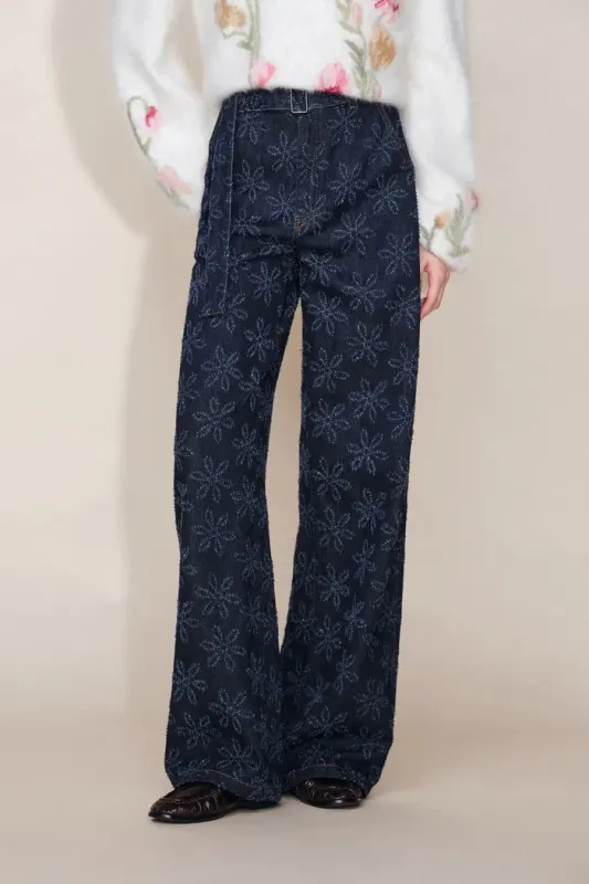 Mia Flora Straight Wide Leg Jeans in Cotton Jacquard Denim sold by Fabrique