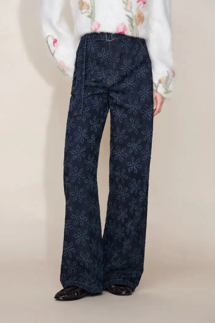 Mia Flora Straight Wide Leg Jeans in Cotton Jacquard Denim sold by Fabrique