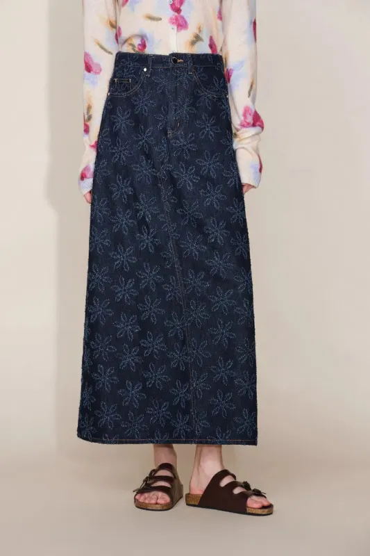 Ari Flora Maxi Skirt in Cotton Jacquard Denim sold by Fabrique