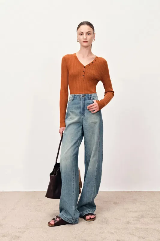 Vivi Henley Top in Stretchy Rib Knit Merino Wool sold by Fabrique