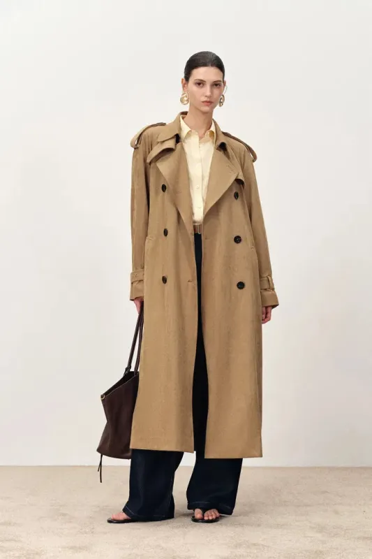 Astrid Detachable Epaulette Trench Coat in Faux Suede sold by Fabrique