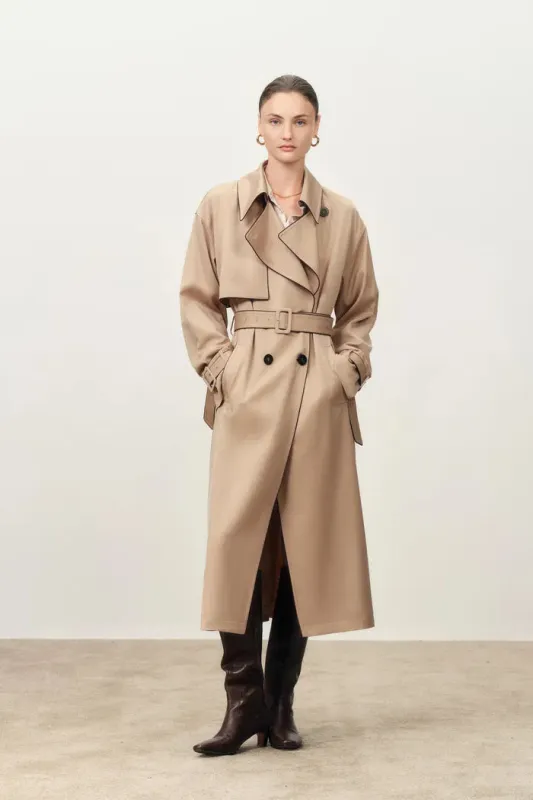 Anjea Convertible Double Breasted Trench Coat in Acetate-Wool Blend sold by Fabrique