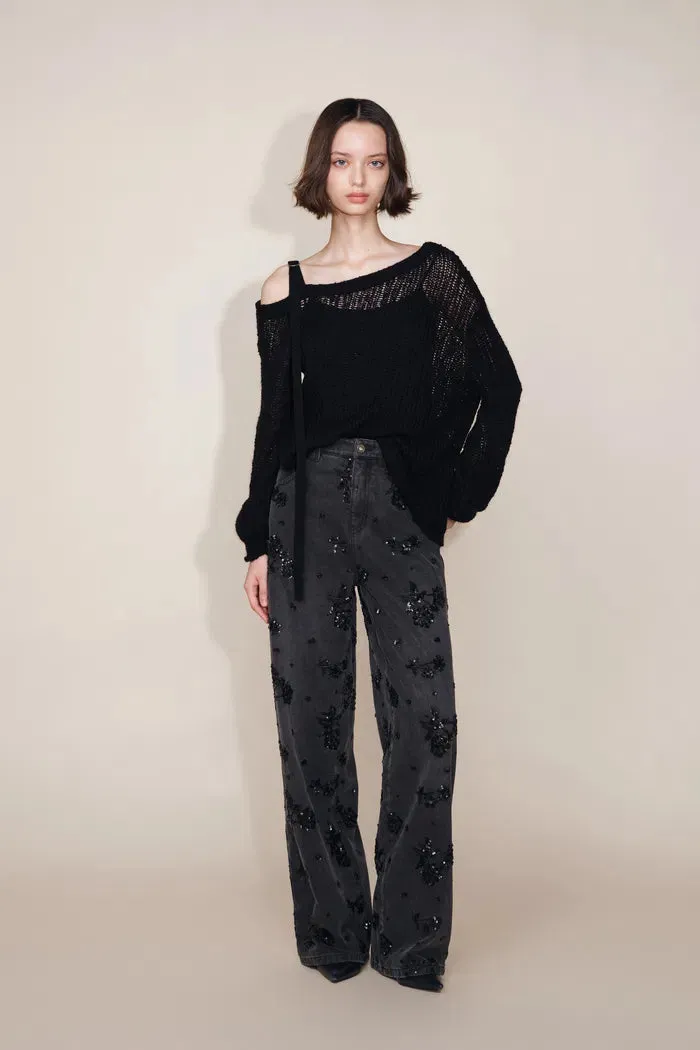 Star Hand Beaded Rose Embellishment Straight Leg Jeans in Beaded Cotton Denim sold by Fabrique product image thumbnail 4