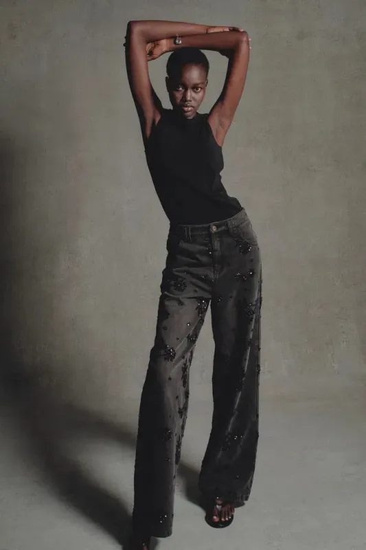 Star Hand Beaded Rose Embellishment Straight Leg Jeans in Beaded Cotton Denim sold by Fabrique