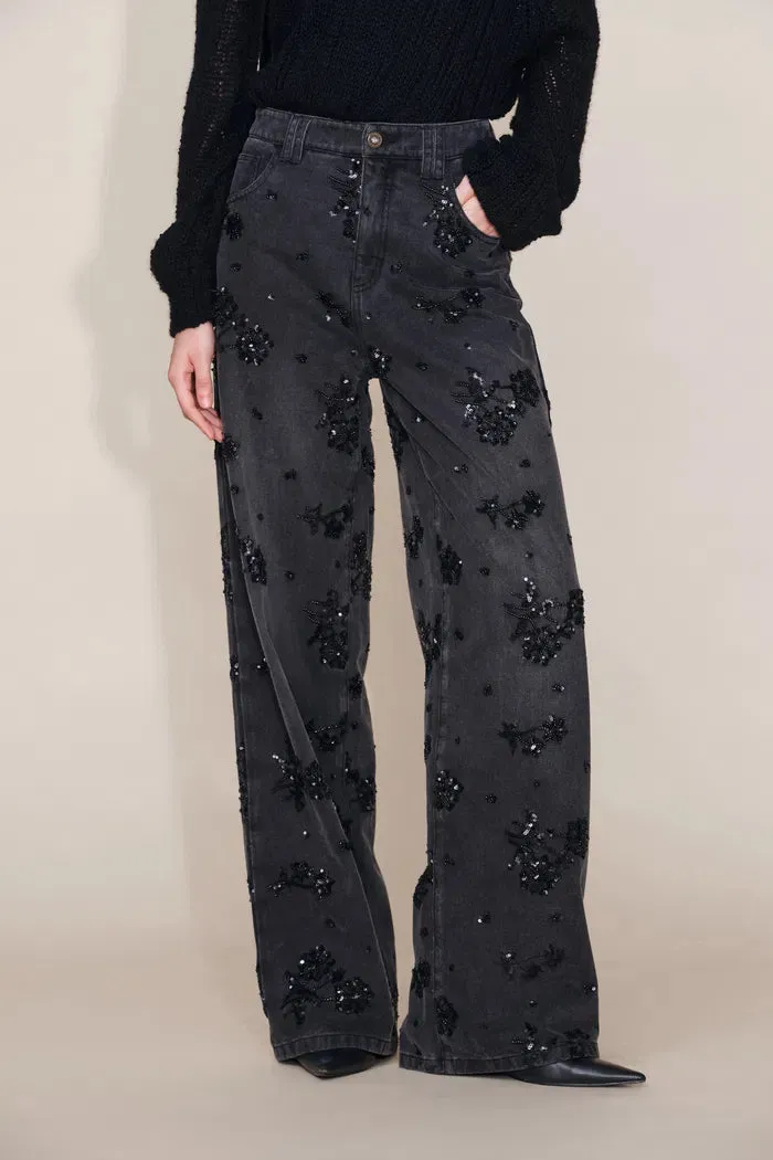 Star Hand Beaded Rose Embellishment Straight Leg Jeans in Beaded Cotton Denim sold by Fabrique product image thumbnail 5