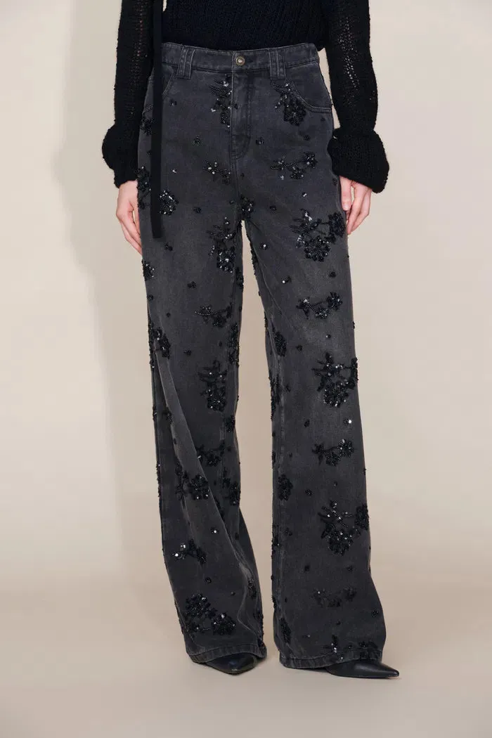 Star Hand Beaded Rose Embellishment Straight Leg Jeans in Beaded Cotton Denim sold by Fabrique product image thumbnail 2