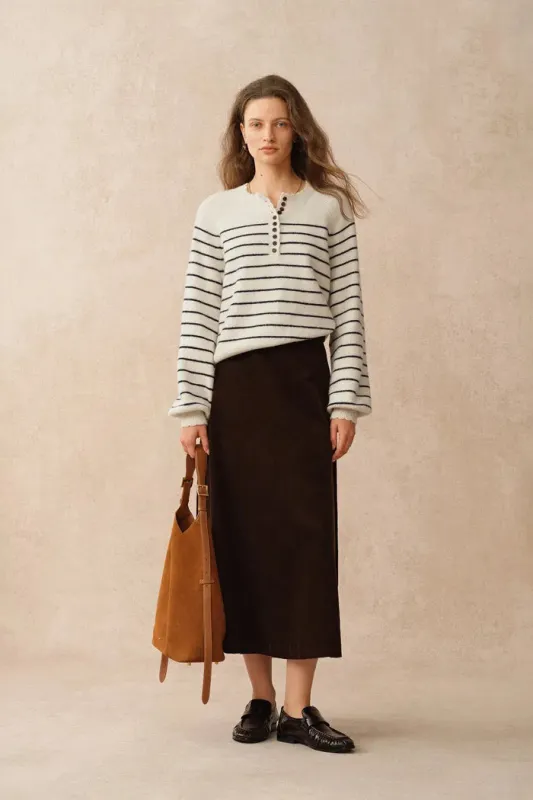 Rhea Scalloped Henley Striped Sweater in Wool-Alpaca Knit sold by Fabrique