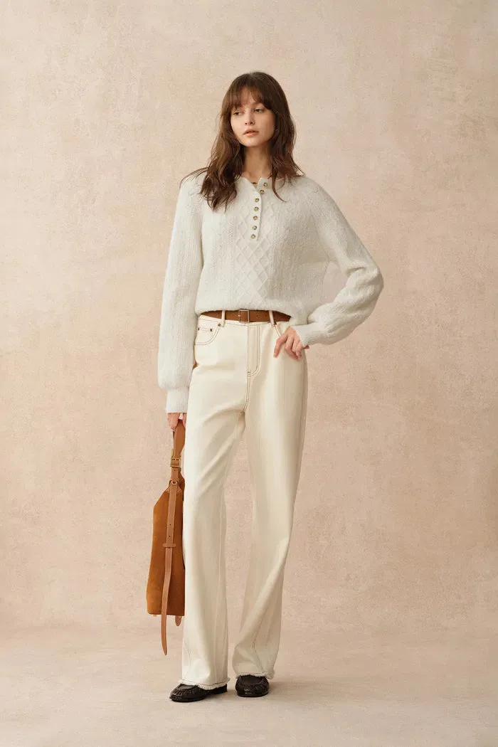 Cersei Hand Work Henley Cable Pattern Sweater in Merino Wool sold by Fabrique product image thumbnail 5