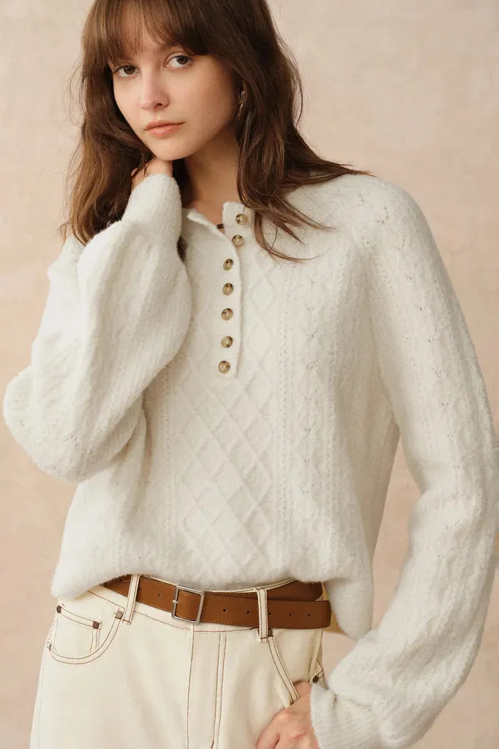 Cersei Hand Work Henley Cable Pattern Sweater in Merino Wool sold by Fabrique product image thumbnail 2