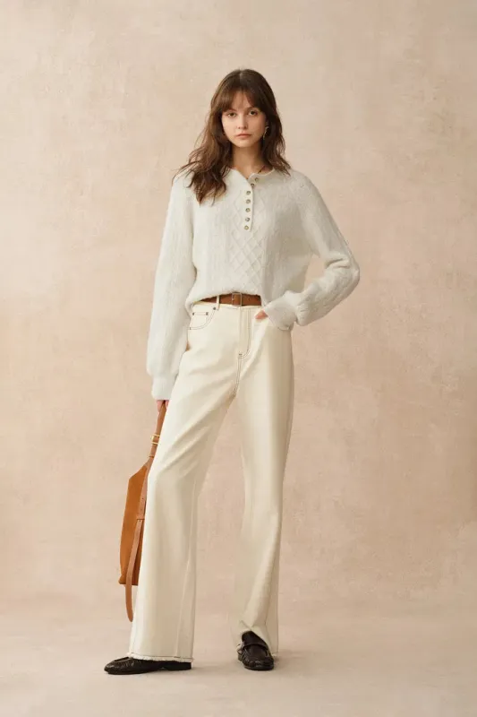 Cersei Hand Work Henley Cable Pattern Sweater in Merino Wool sold by Fabrique