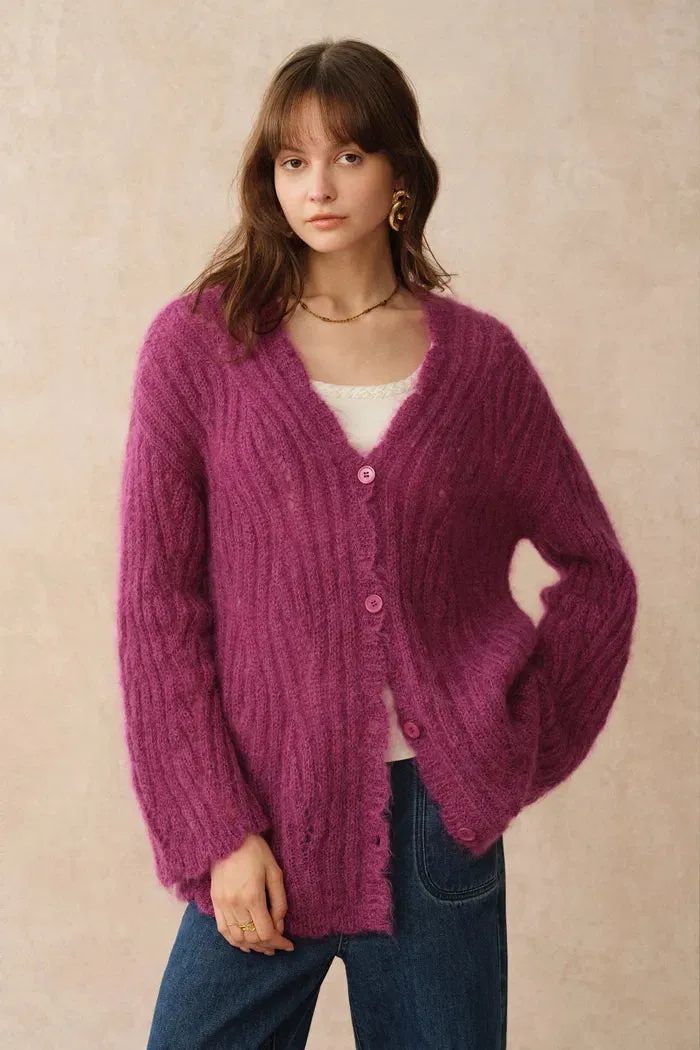 Aki Scalloped Neckline Sheer Cardigan in Lightweight Cable Mohair Knit sold by Fabrique product image thumbnail 2