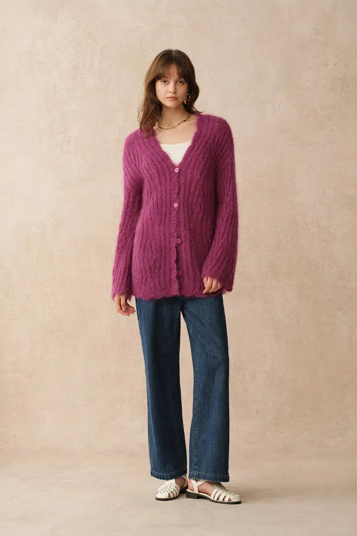 Aki Scalloped Neckline Sheer Cardigan in Lightweight Cable Mohair Knit sold by Fabrique product image thumbnail 3