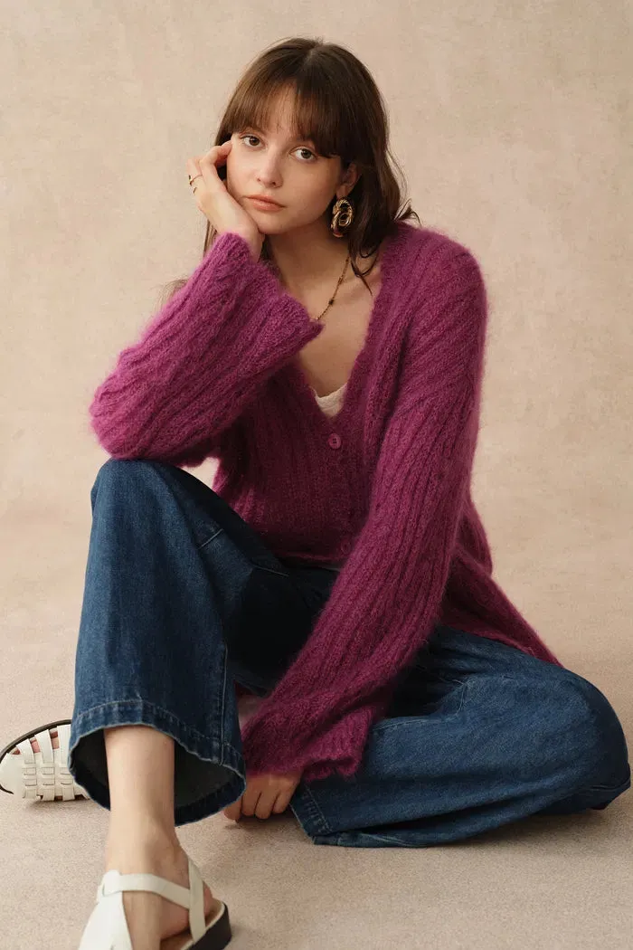 Aki Scalloped Neckline Sheer Cardigan in Lightweight Cable Mohair Knit sold by Fabrique product image thumbnail 5